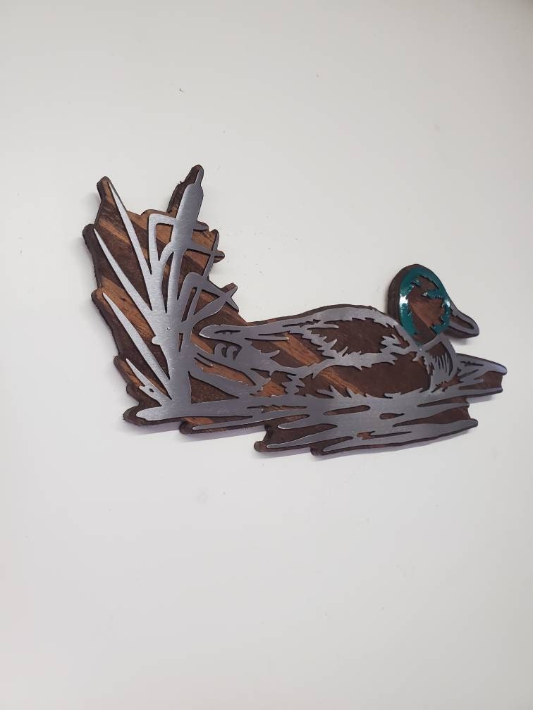 Mallard Duck Metal Art on Rustic Wood