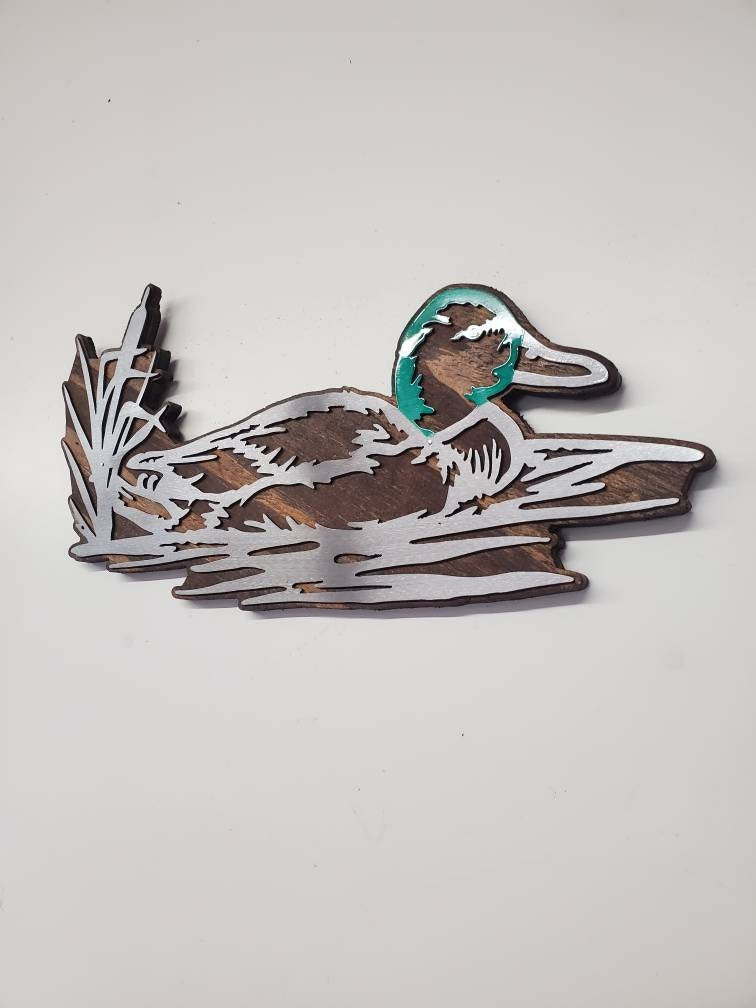 Mallard Duck Metal Art on Rustic Wood