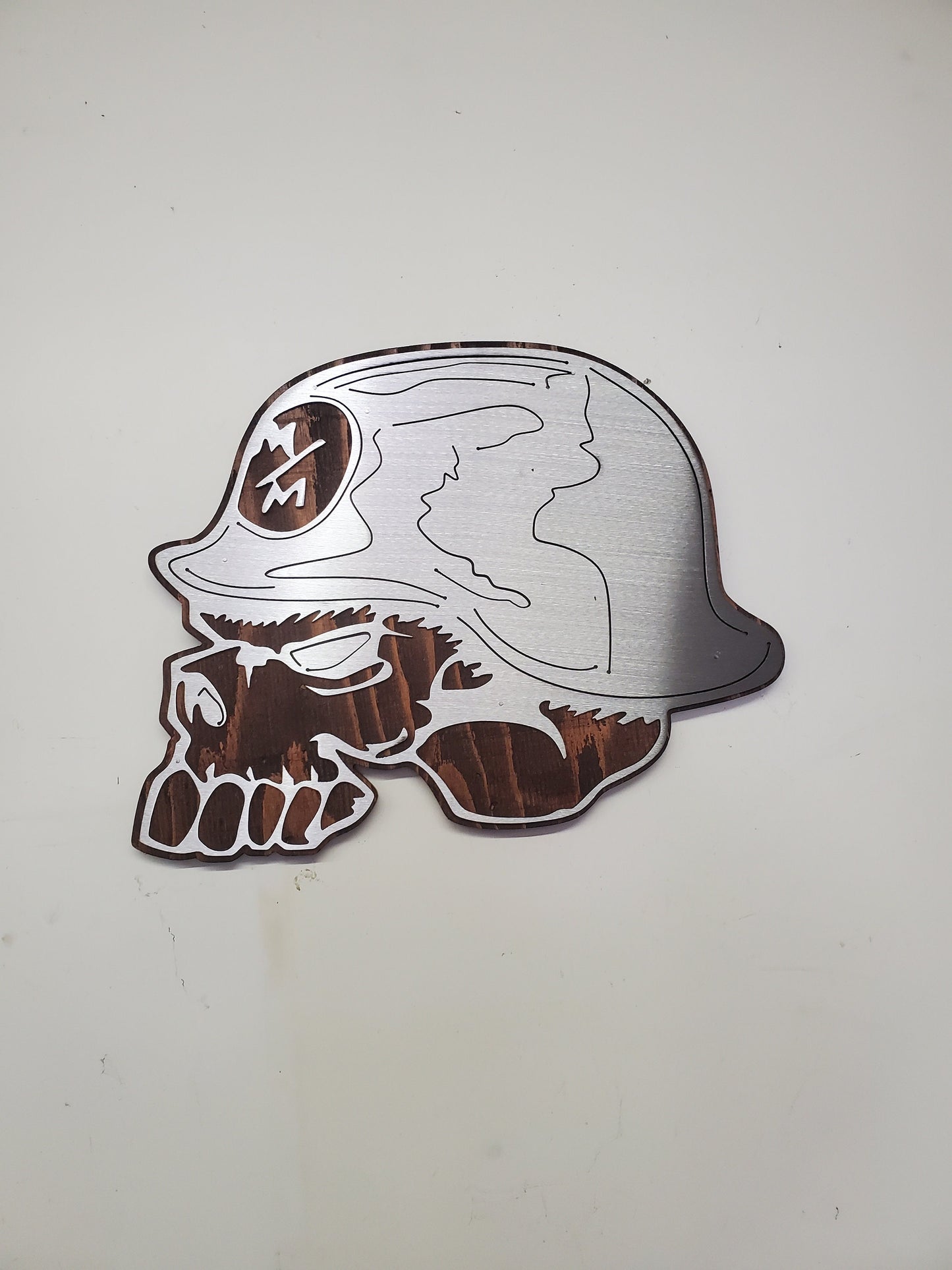 Metal Militia Skull Art on Rustic Wood Sign