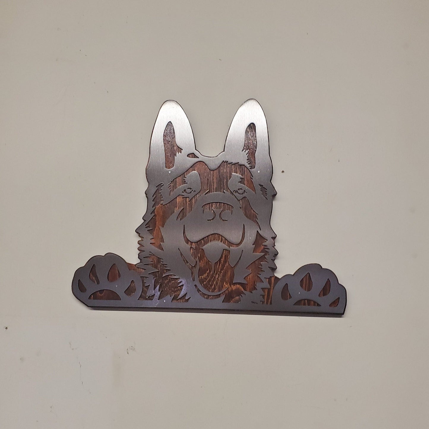 German Shepherd Metal Art on Rustic Stained Wood