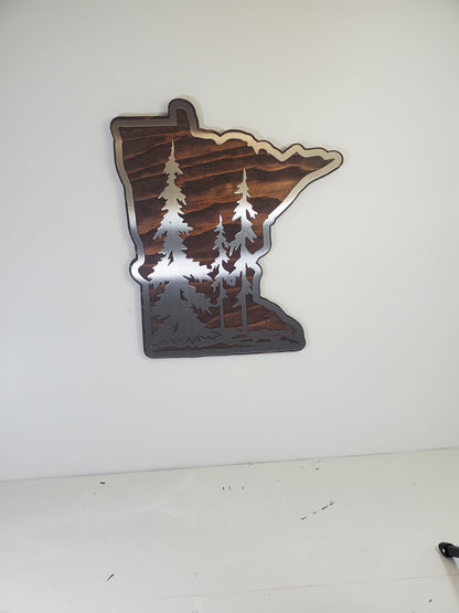 Minnesota Tree scene Metal Art on Wood | Made in USA