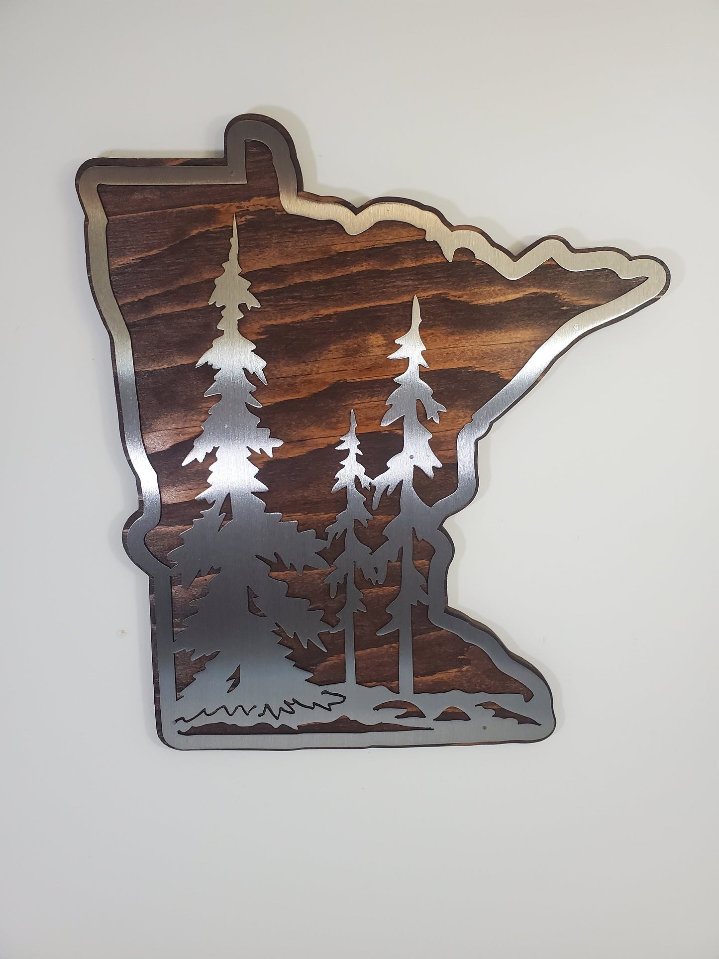 Minnesota Tree scene Metal Art on Wood | Made in USA