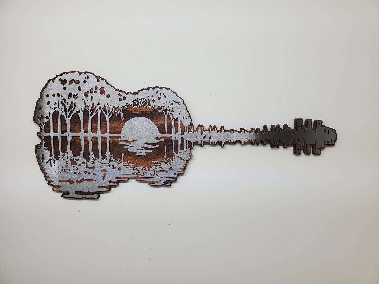 Sunset Guitar Reflections Lake Scene | Metal Art on Wood