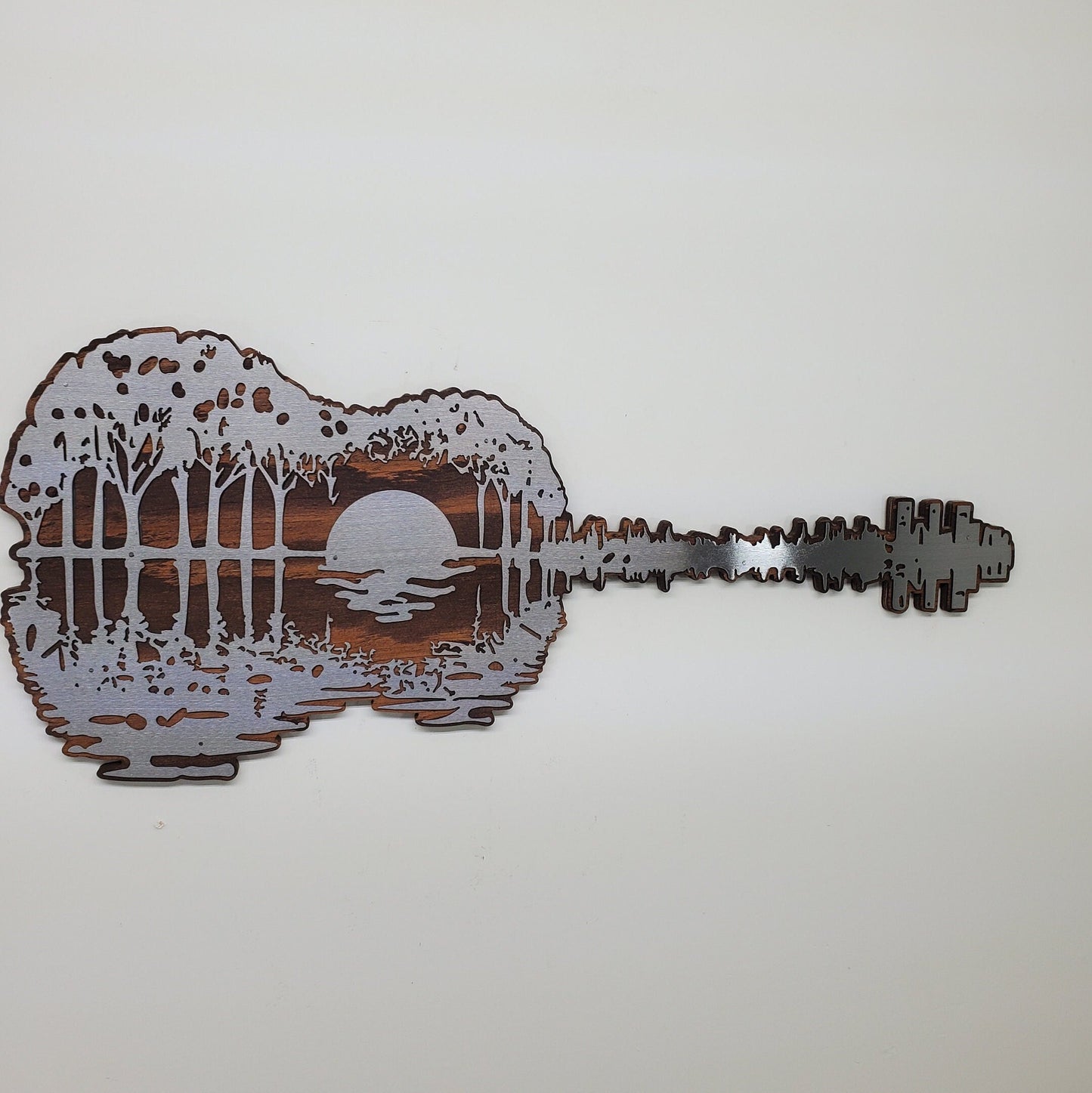 Sunset Guitar Reflections Lake Scene | Metal Art on Wood