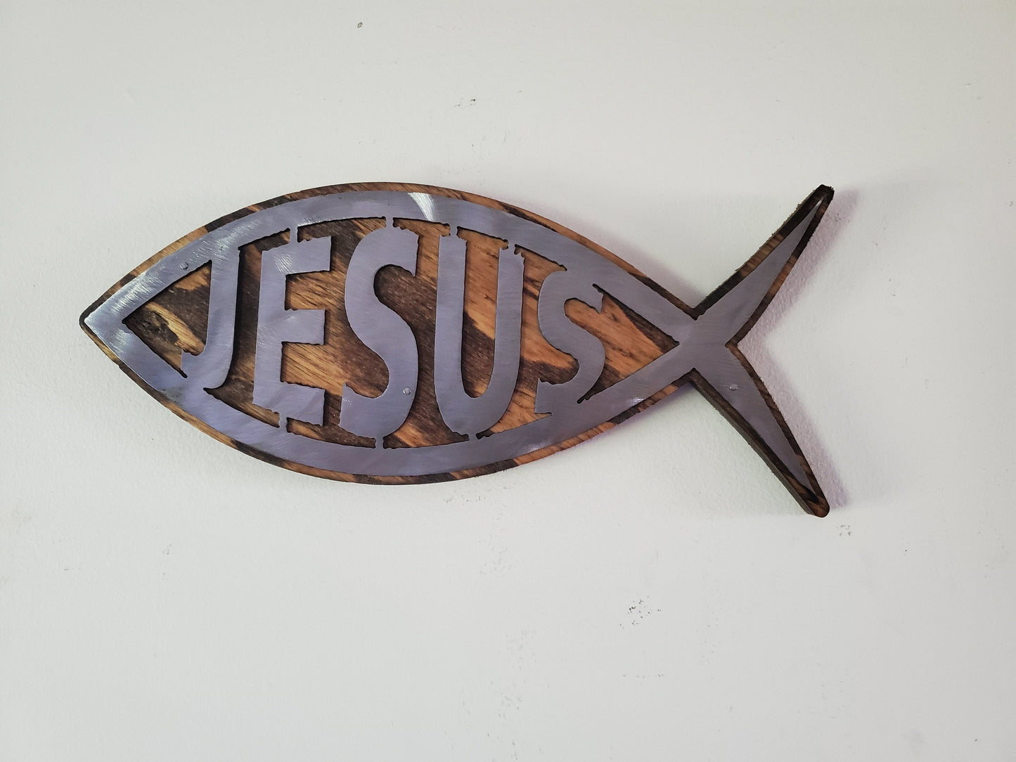 Ichthys Fish Symbol | Religious Fish Metal Art on Wood