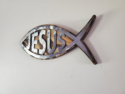 Ichthys Fish Symbol | Religious Fish Metal Art on Wood