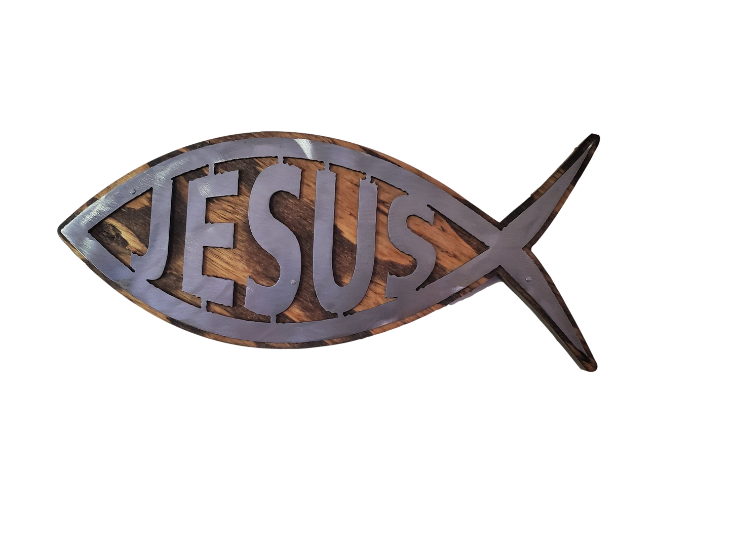 Ichthys Fish Symbol | Religious Fish Metal Art on Wood