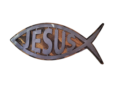 Ichthys Fish Symbol | Religious Fish Metal Art on Wood