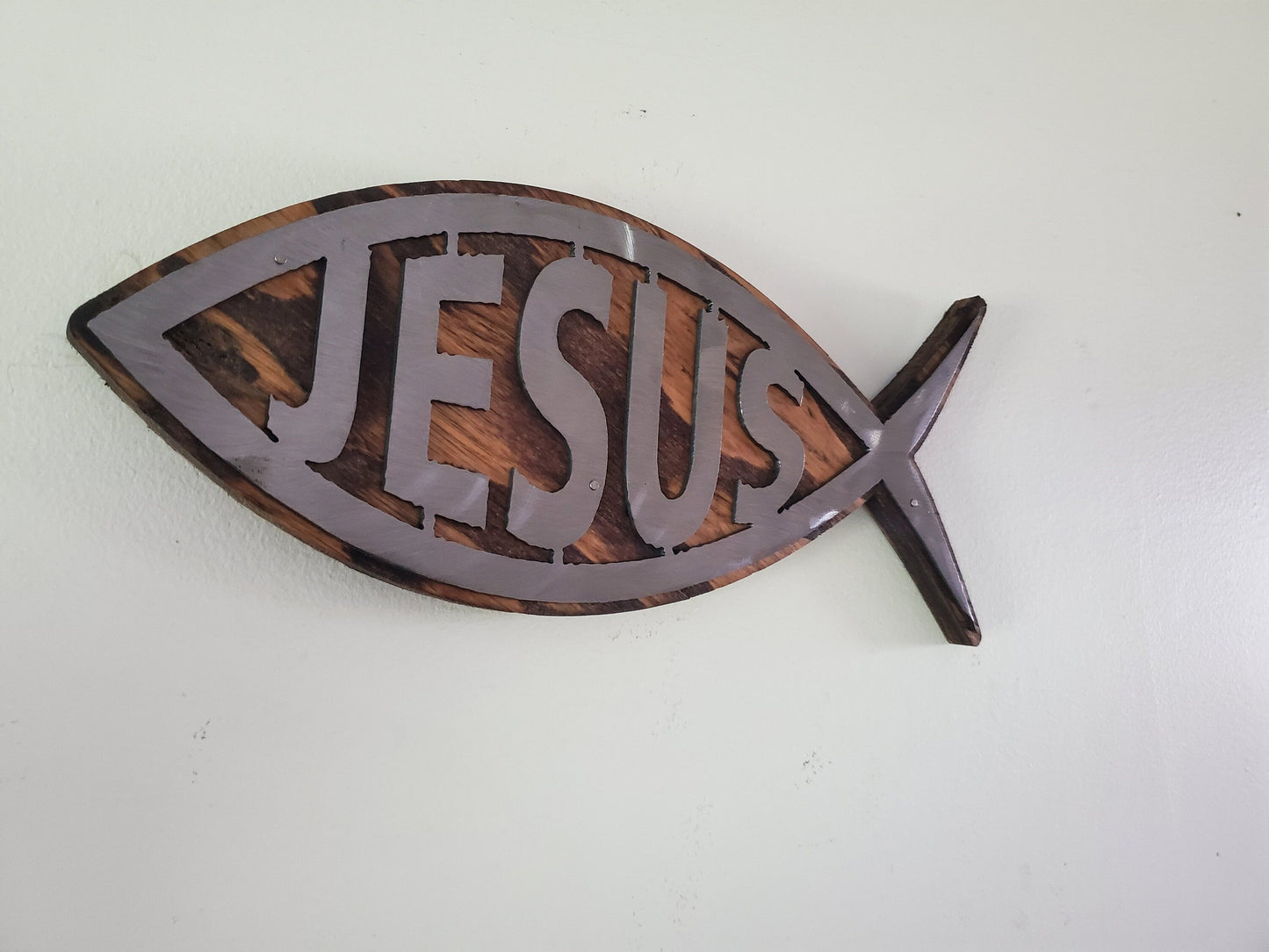 Ichthys Fish Symbol | Religious Fish Metal Art on Wood