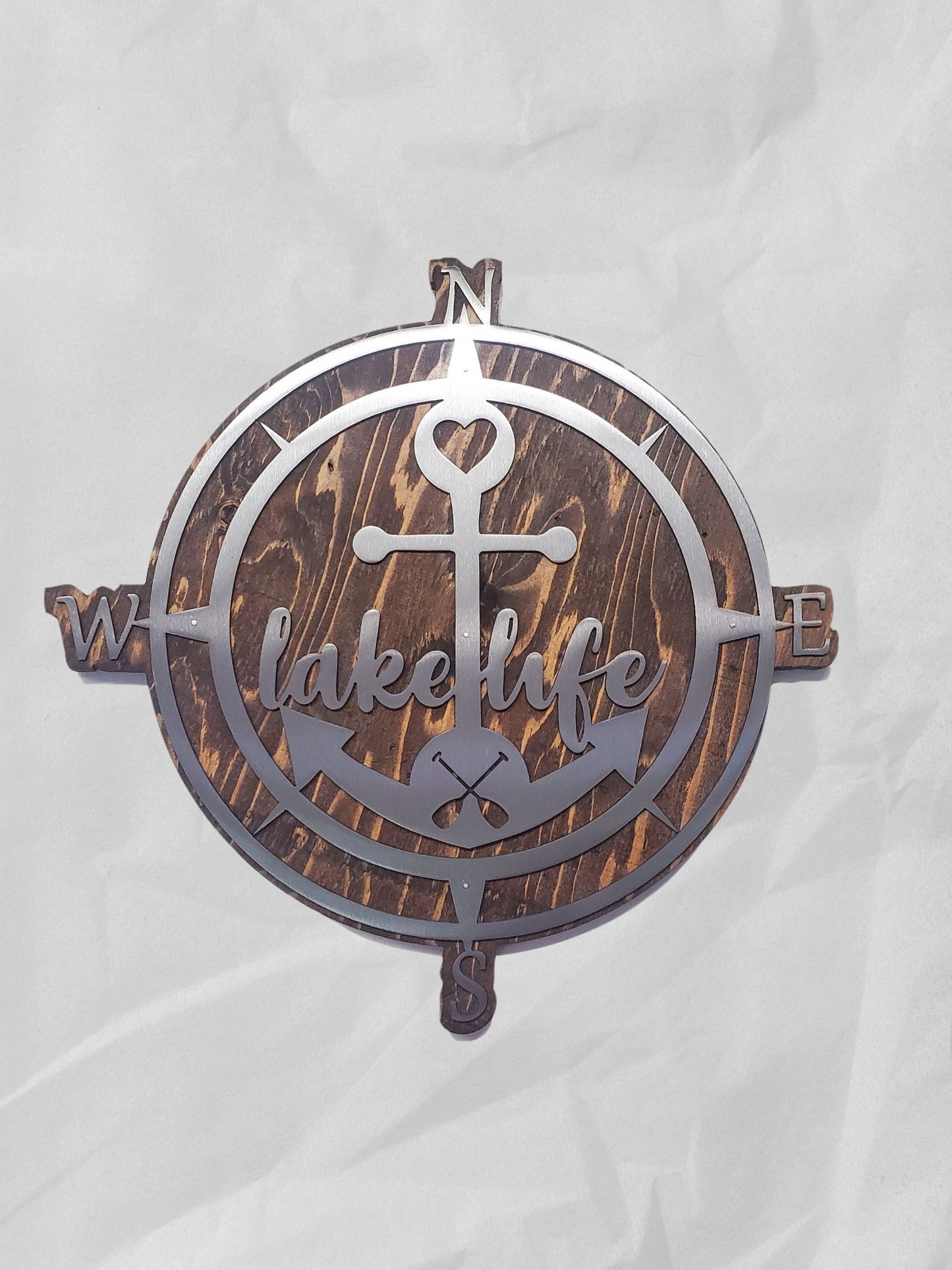 Nautical Compass Lake Life Metal Art on Wood