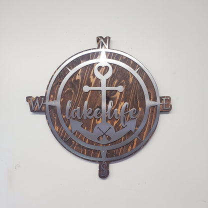 Nautical Compass Lake Life Metal Art on Wood