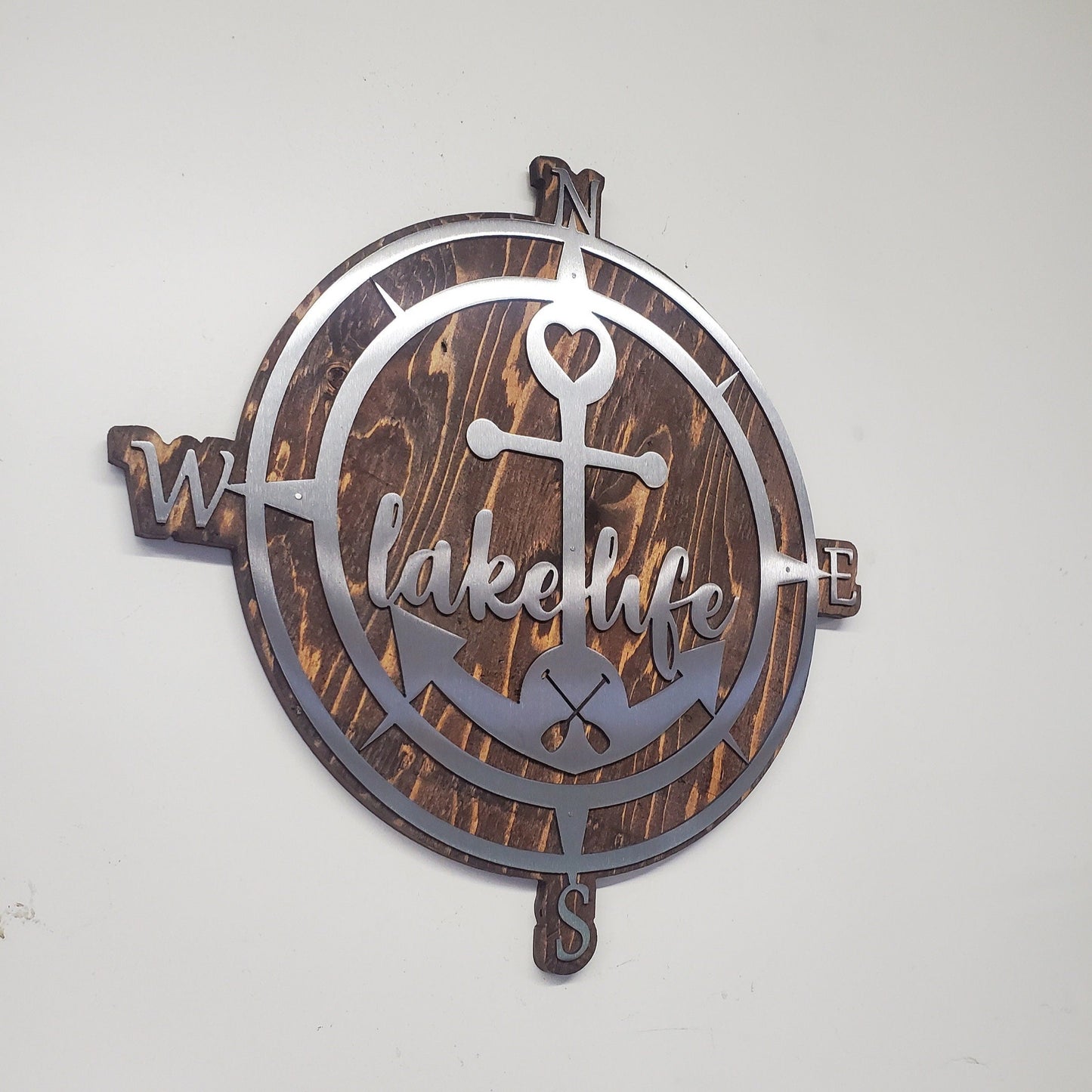 Nautical Compass Lake Life Metal Art on Wood