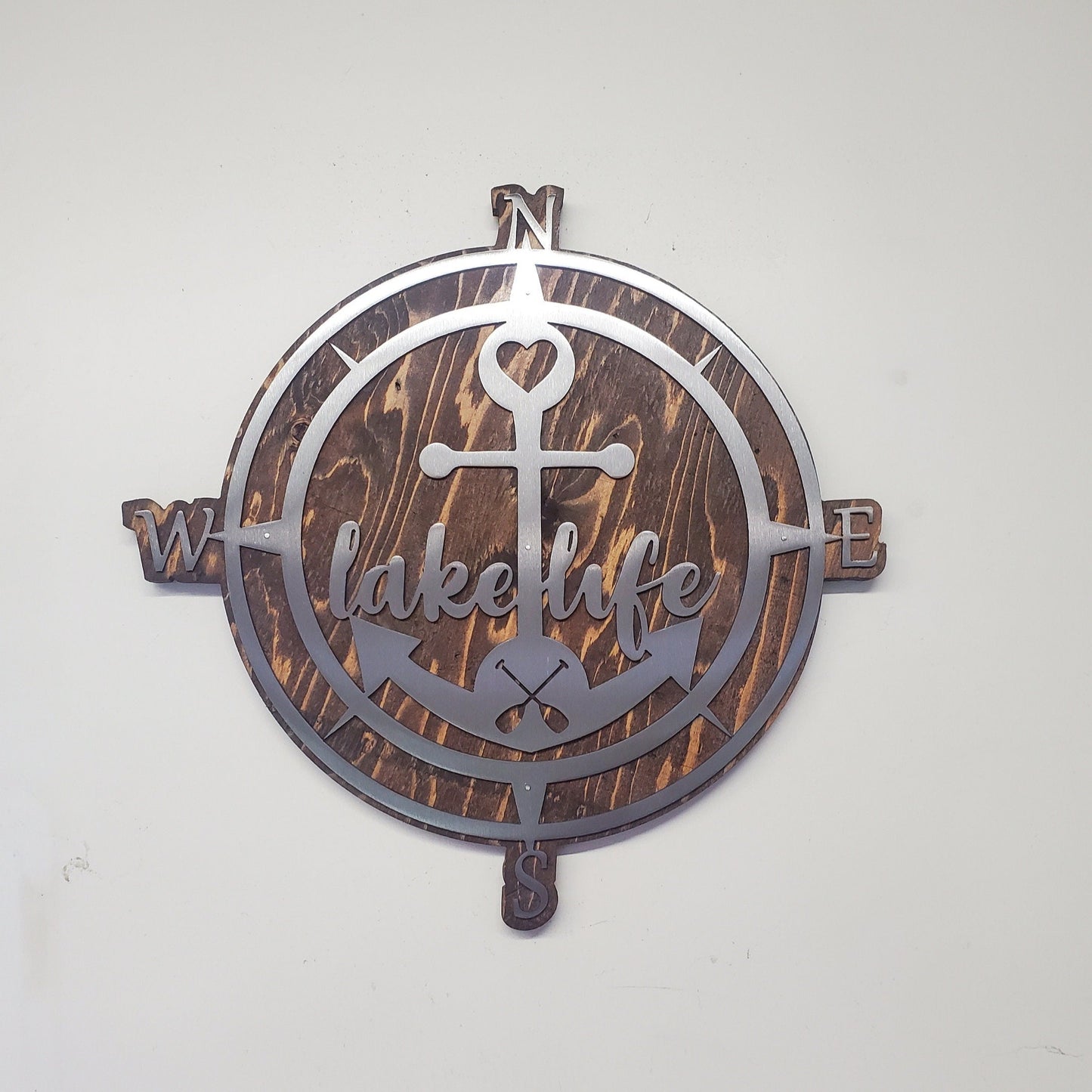 Nautical Compass Lake Life Metal Art on Wood