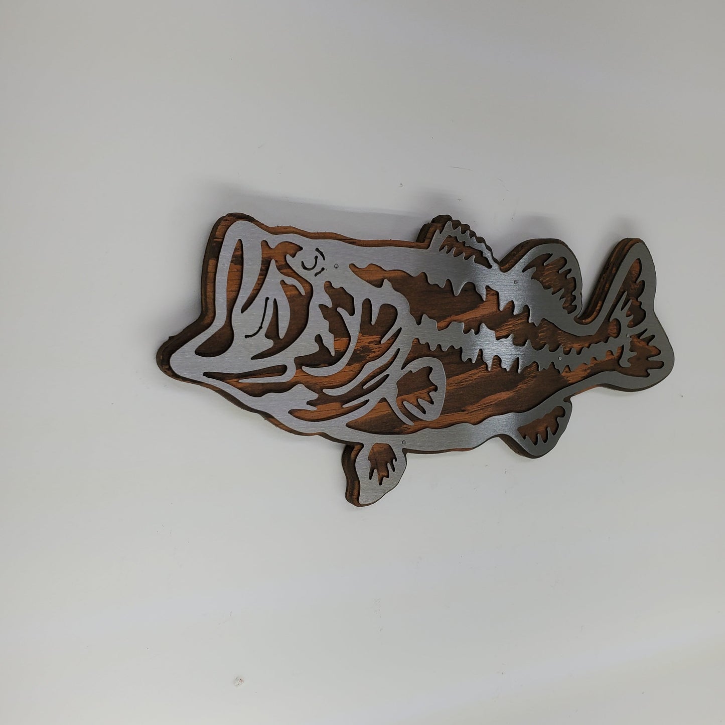 Large mouth Bass metal art wall decor on wood