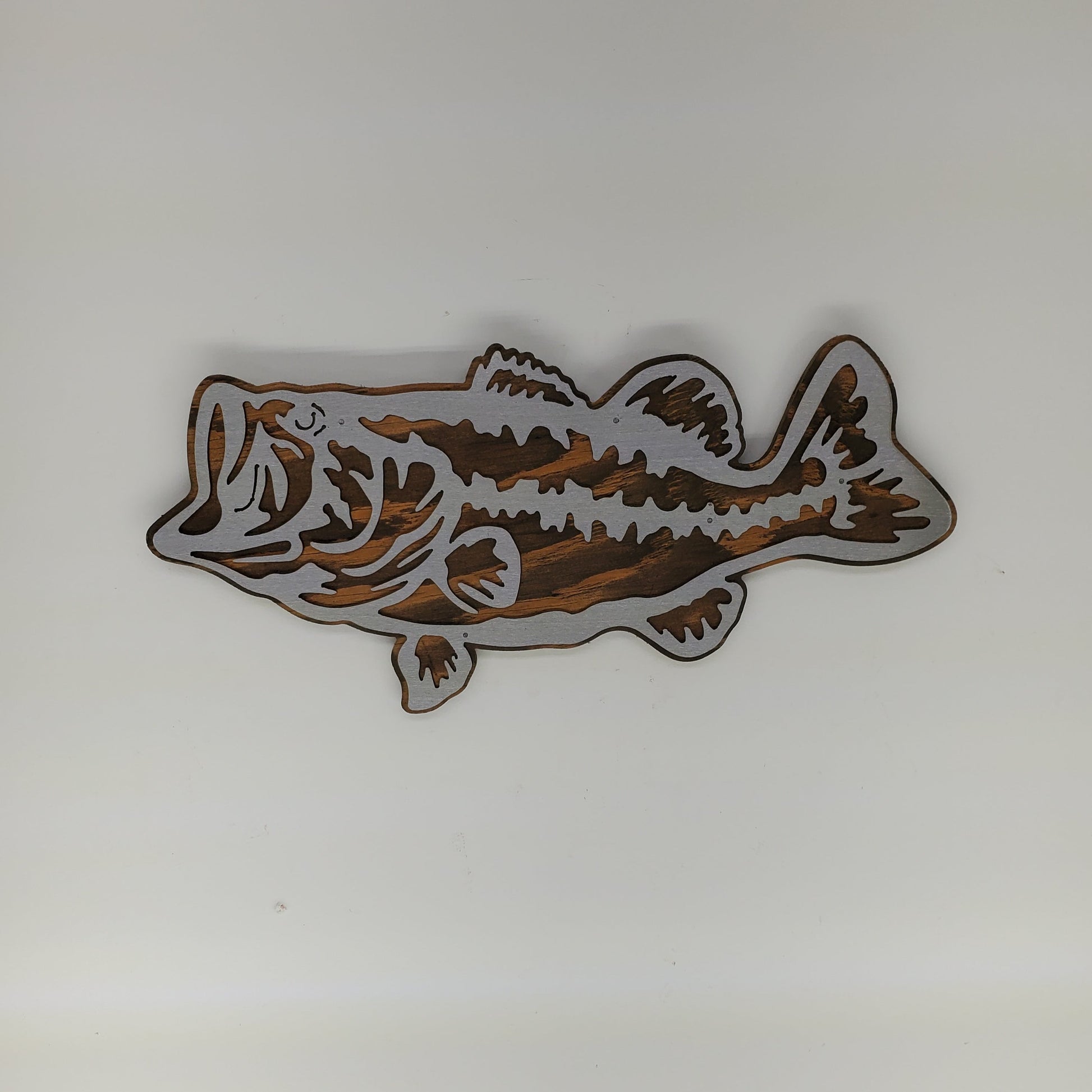 Large mouth Bass metal art wall decor on wood