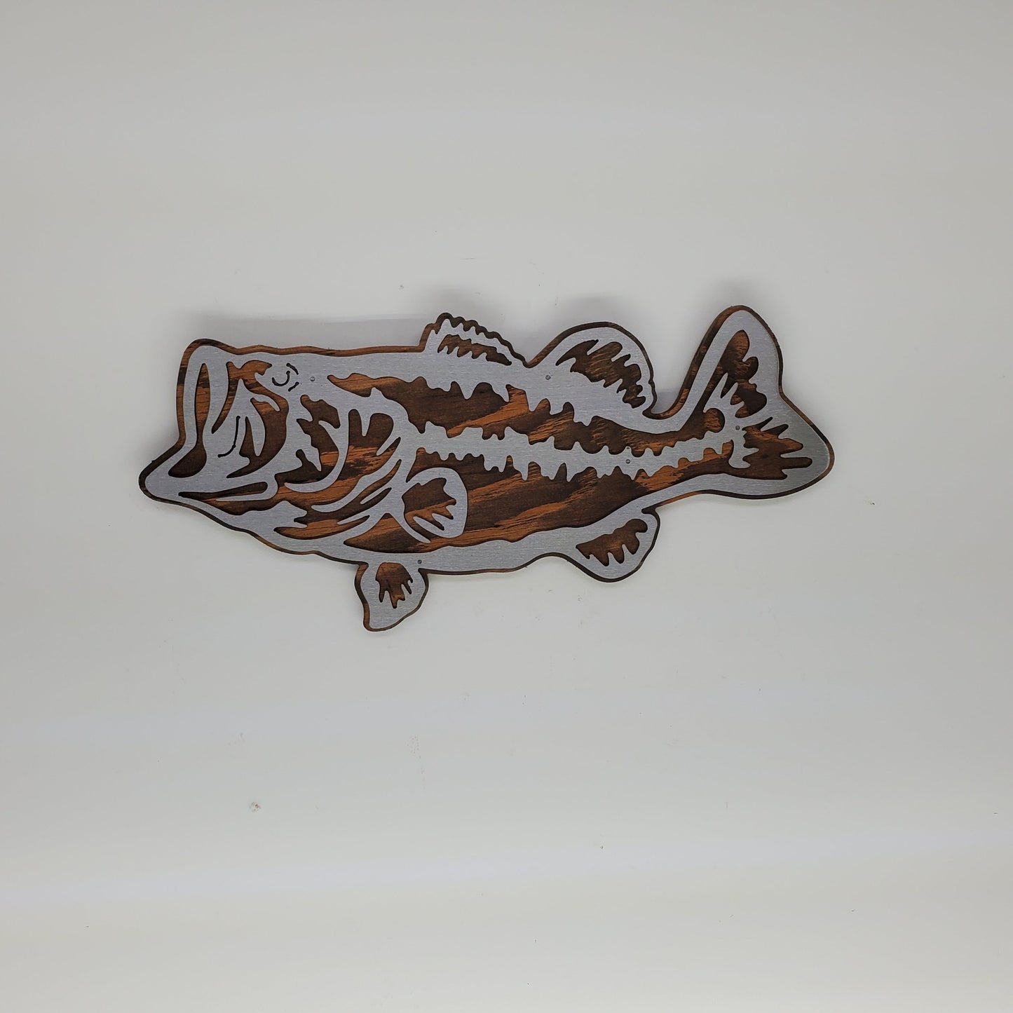 Large mouth Bass metal art wall decor on wood