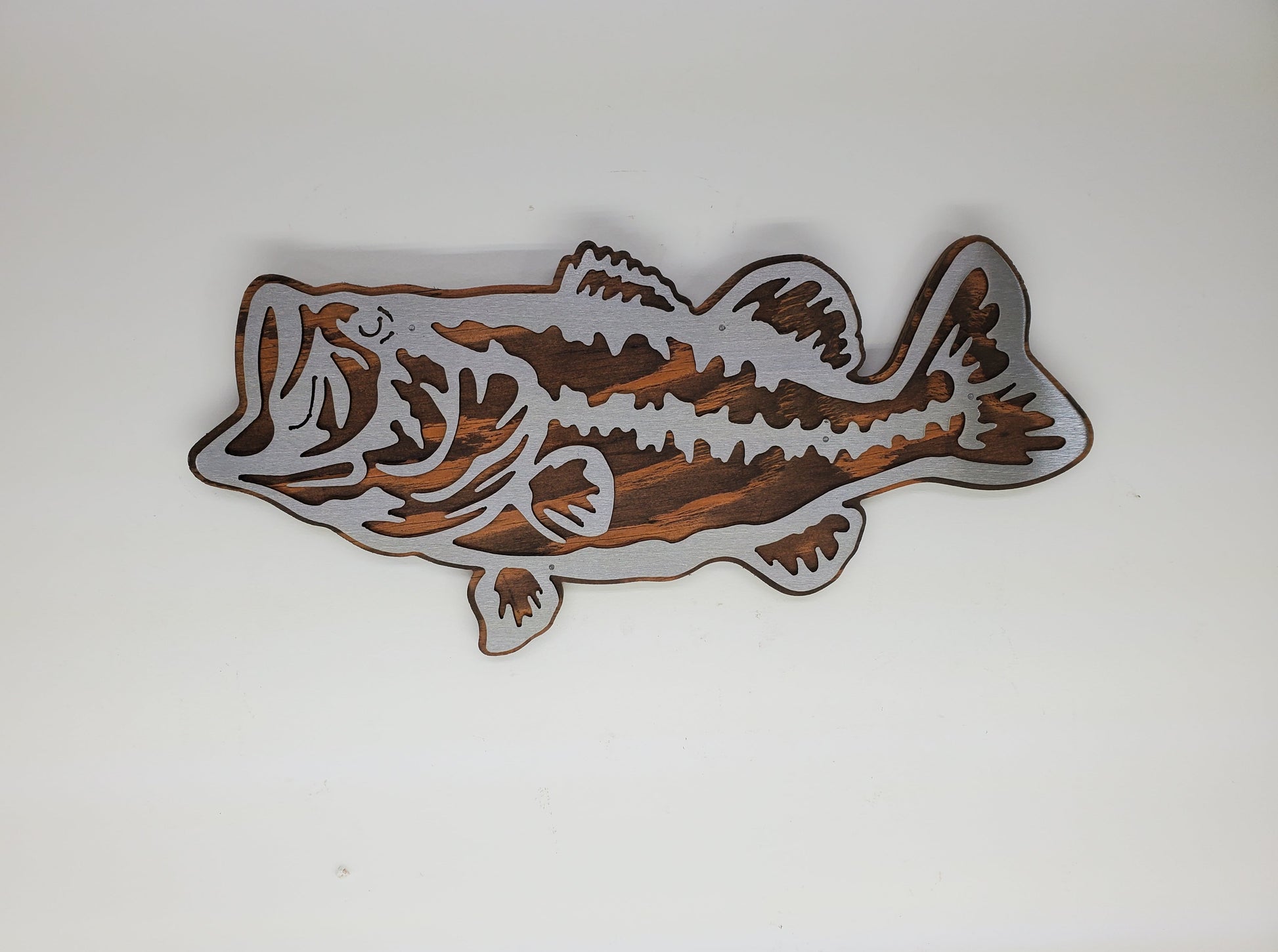 Large mouth Bass metal art wall decor on wood