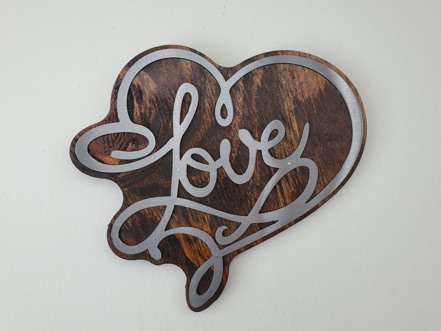 LOVE in a Heart metal art wall decor | stylized word |  made in USA | rustic home office decor