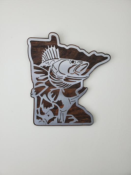 Minnesota with Walleye Metal Art on Wood