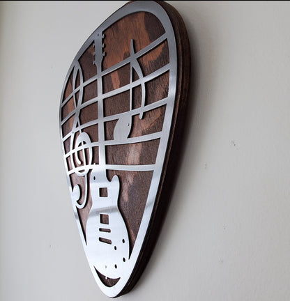 Guitar Pick Musical Note Metal Art on Wood Wall Décor