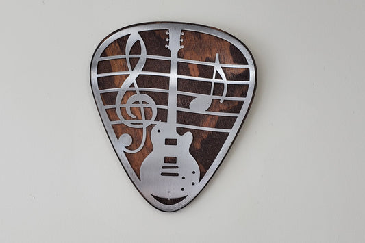 guitar pick metal art on wood beamish metal works