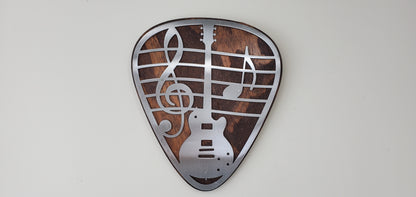 Guitar Pick Musical Note Metal Art on Wood Wall Décor