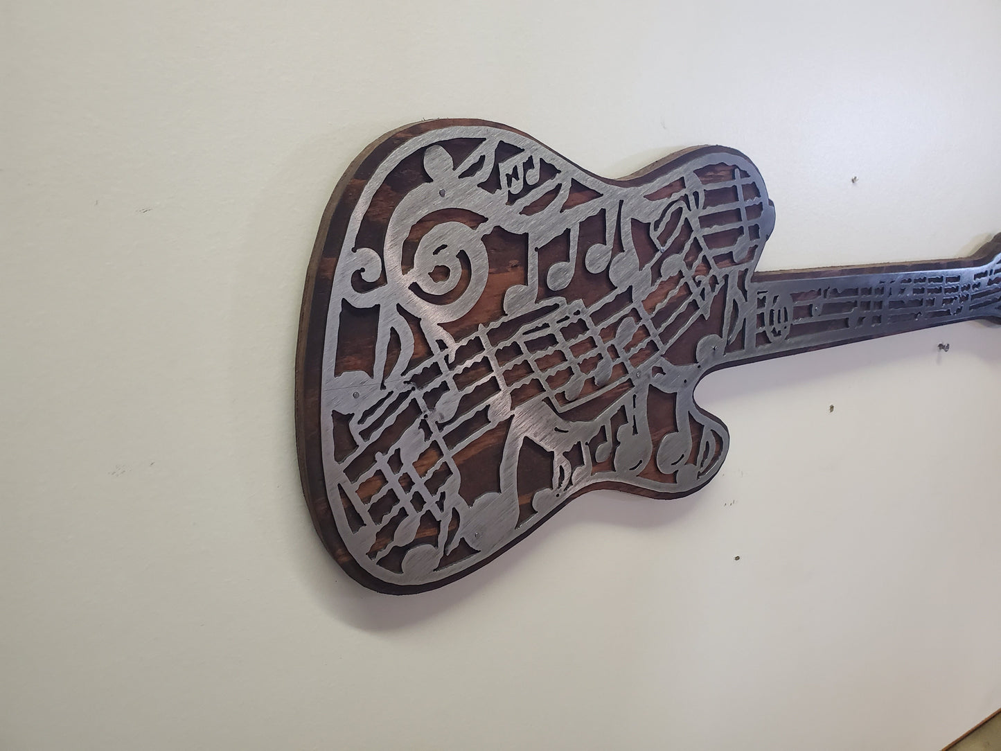 Musical Note Guitar Metal Art on Wood