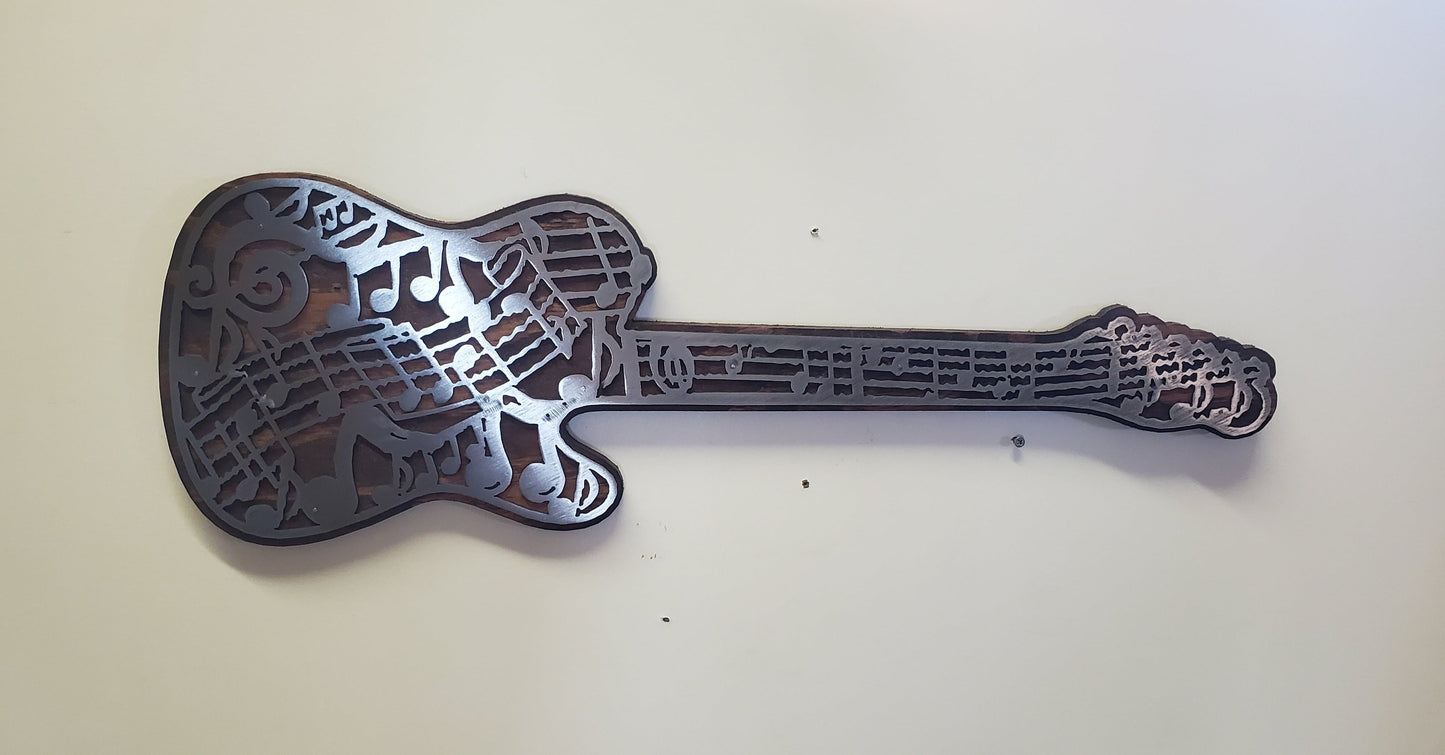 Musical Note Guitar Metal Art on Wood