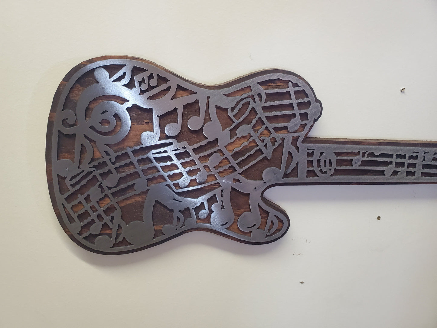 Musical Note Guitar Metal Art on Wood