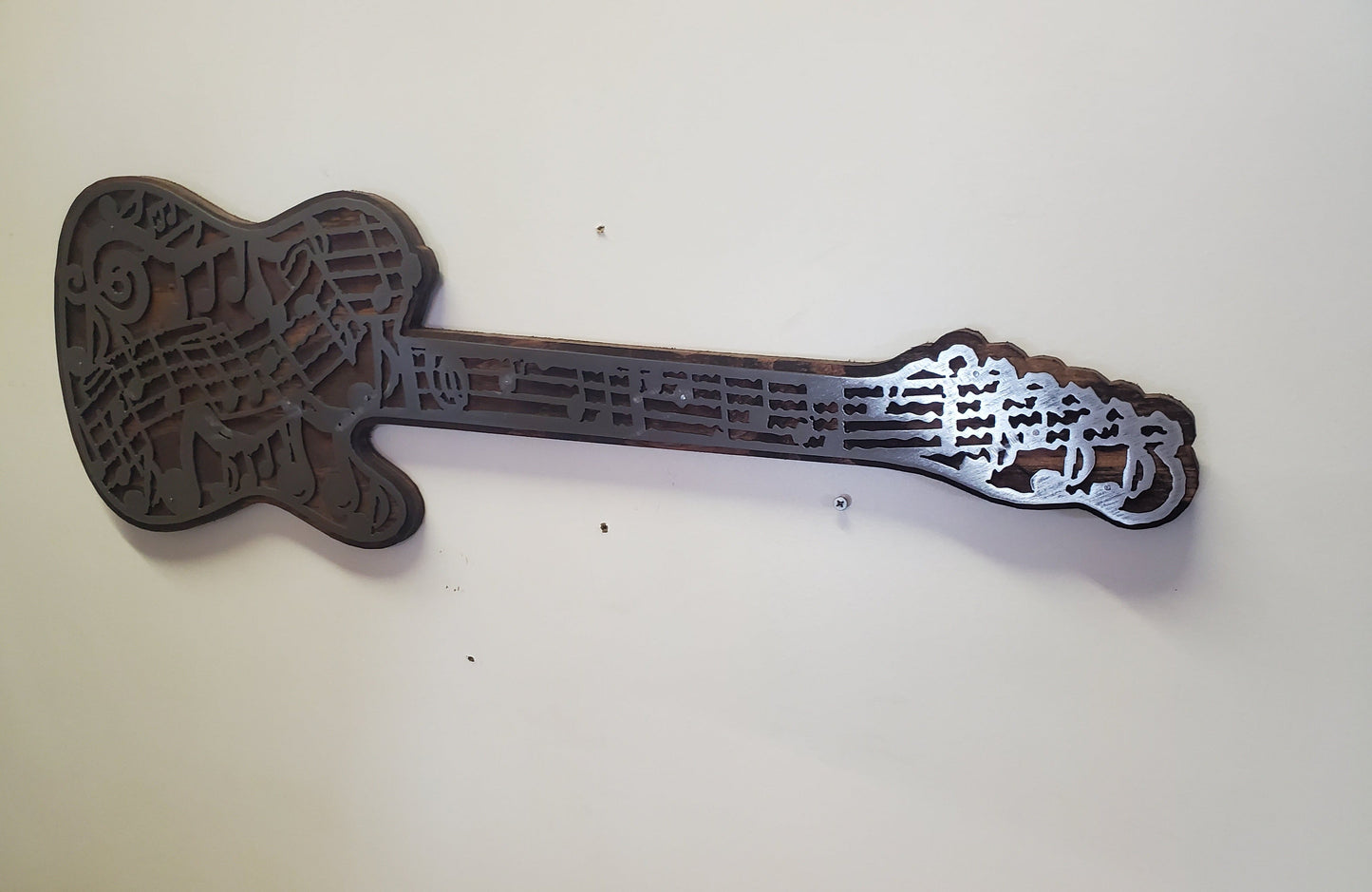 Musical Note Guitar Metal Art on Wood
