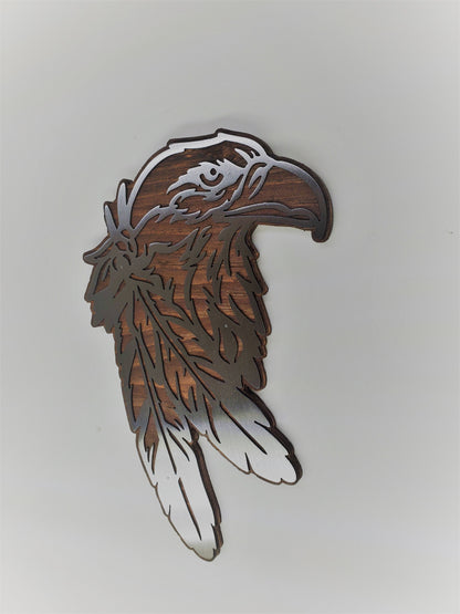 Eagle head with feathers metal art on wood   MADE IN USA