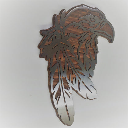 Eagle head with feathers metal art on wood   MADE IN USA