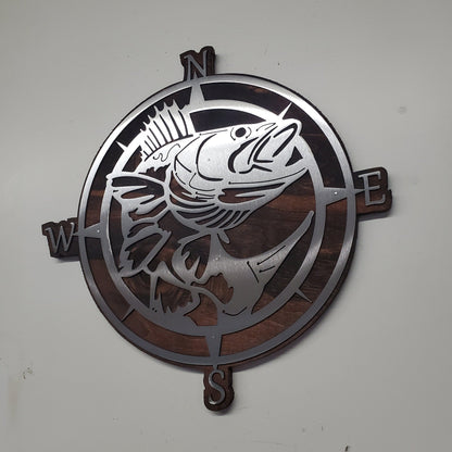 Nautical Compass with Walleye Fish Metal Art on Wood