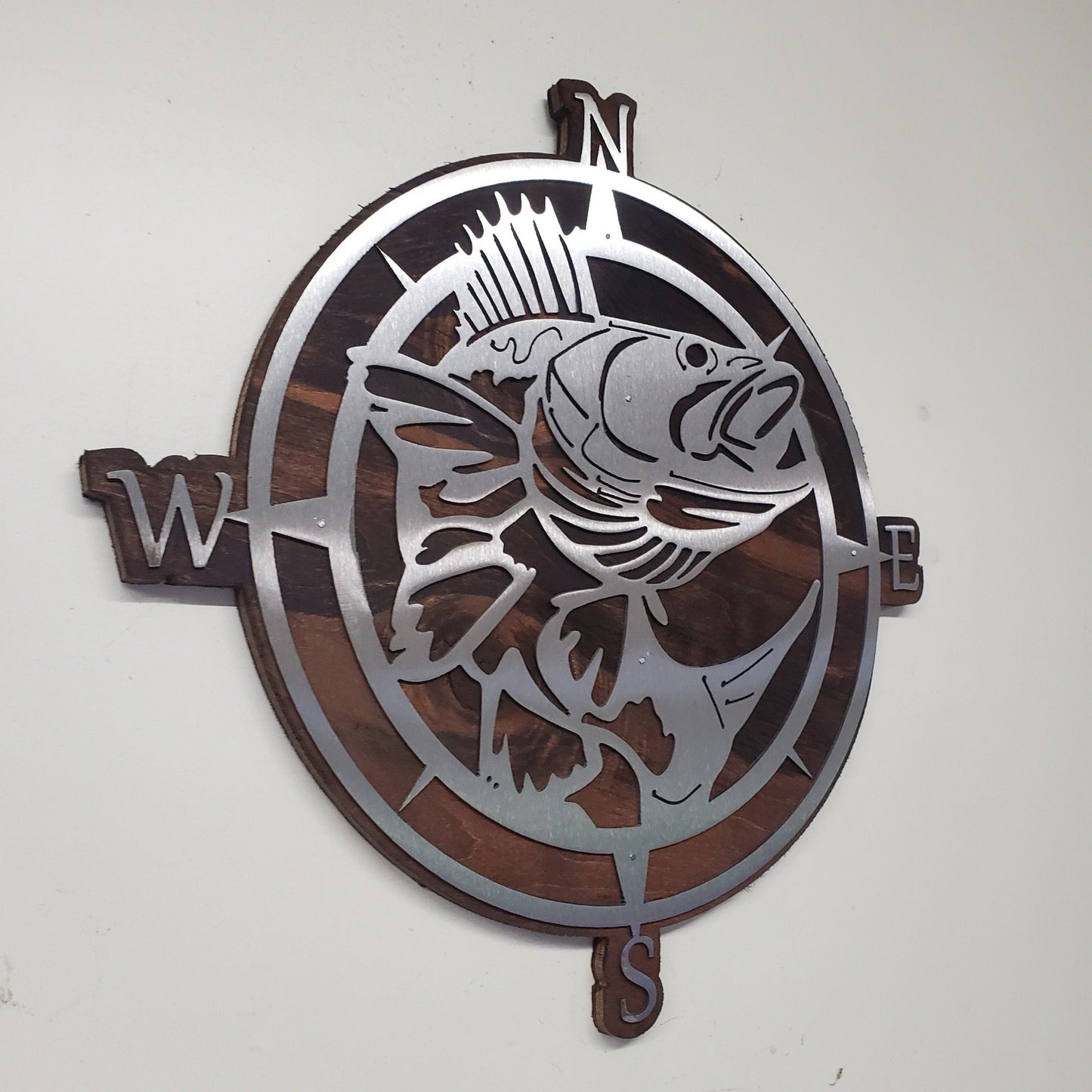 Nautical Compass with Walleye Fish Metal Art on Wood