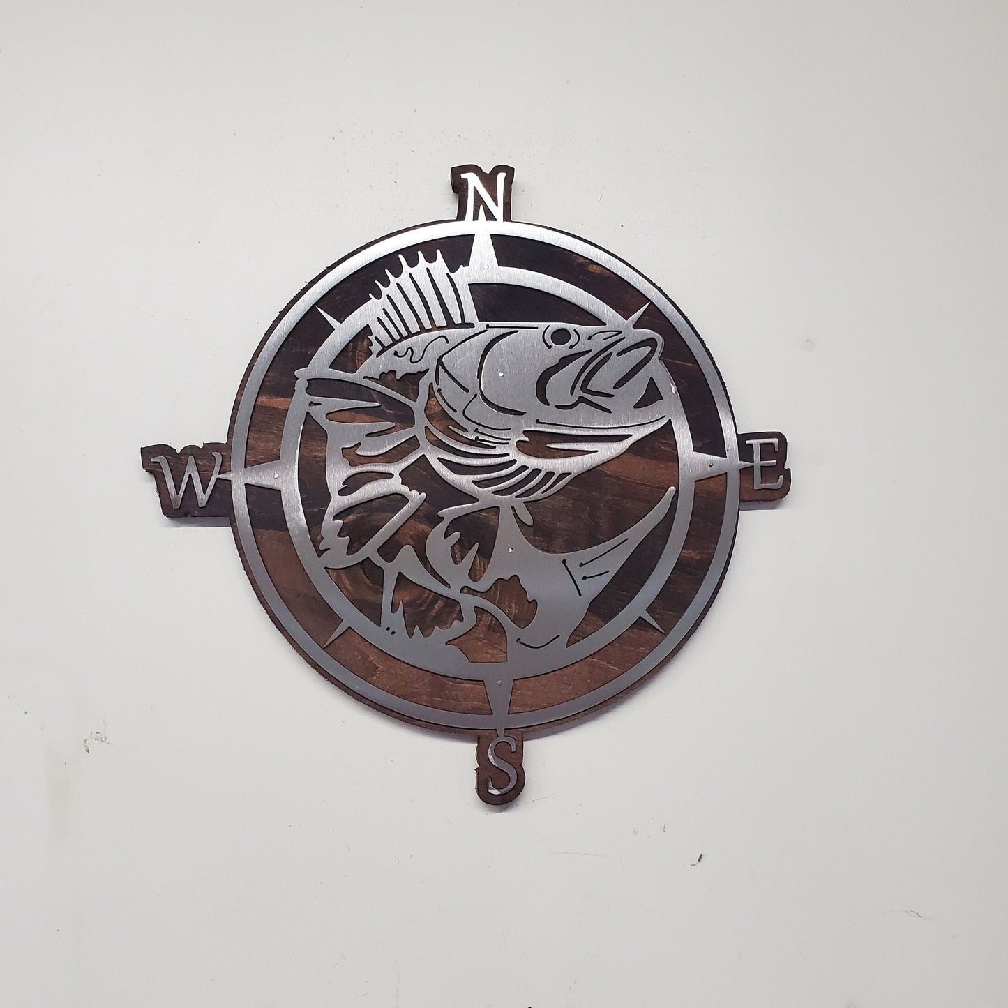 Nautical Compass with Walleye Fish Metal Art on Wood