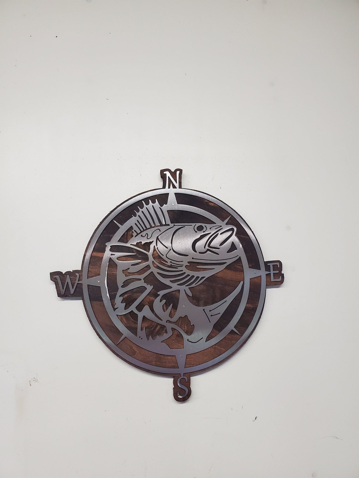 Nautical Compass with Walleye Fish Metal Art on Wood