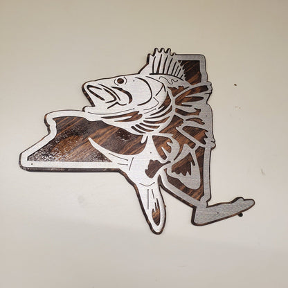 CNC metal cut out of the state of New York with a Walleye fish in the center, mounted on a stained wood background. Available in multiple sizes and customizable for any state shape. Made in a small family shop in America.