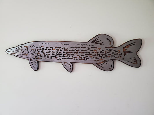Northern Pike fish metal art on wood