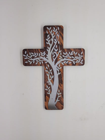 Olive Tree Cross Metal Art on Wood