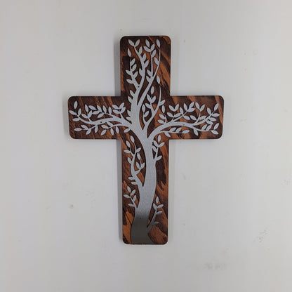 Olive Tree Cross Metal Art on Wood