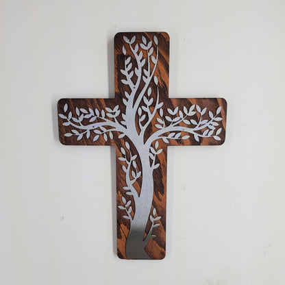 Olive Tree Cross Metal Art on Wood
