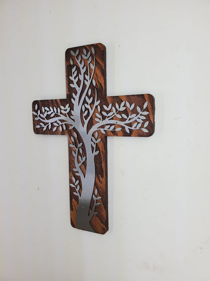 Olive Tree Cross Metal Art on Wood