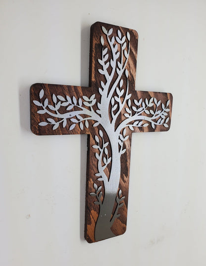 Olive Tree Cross Metal Art on Wood