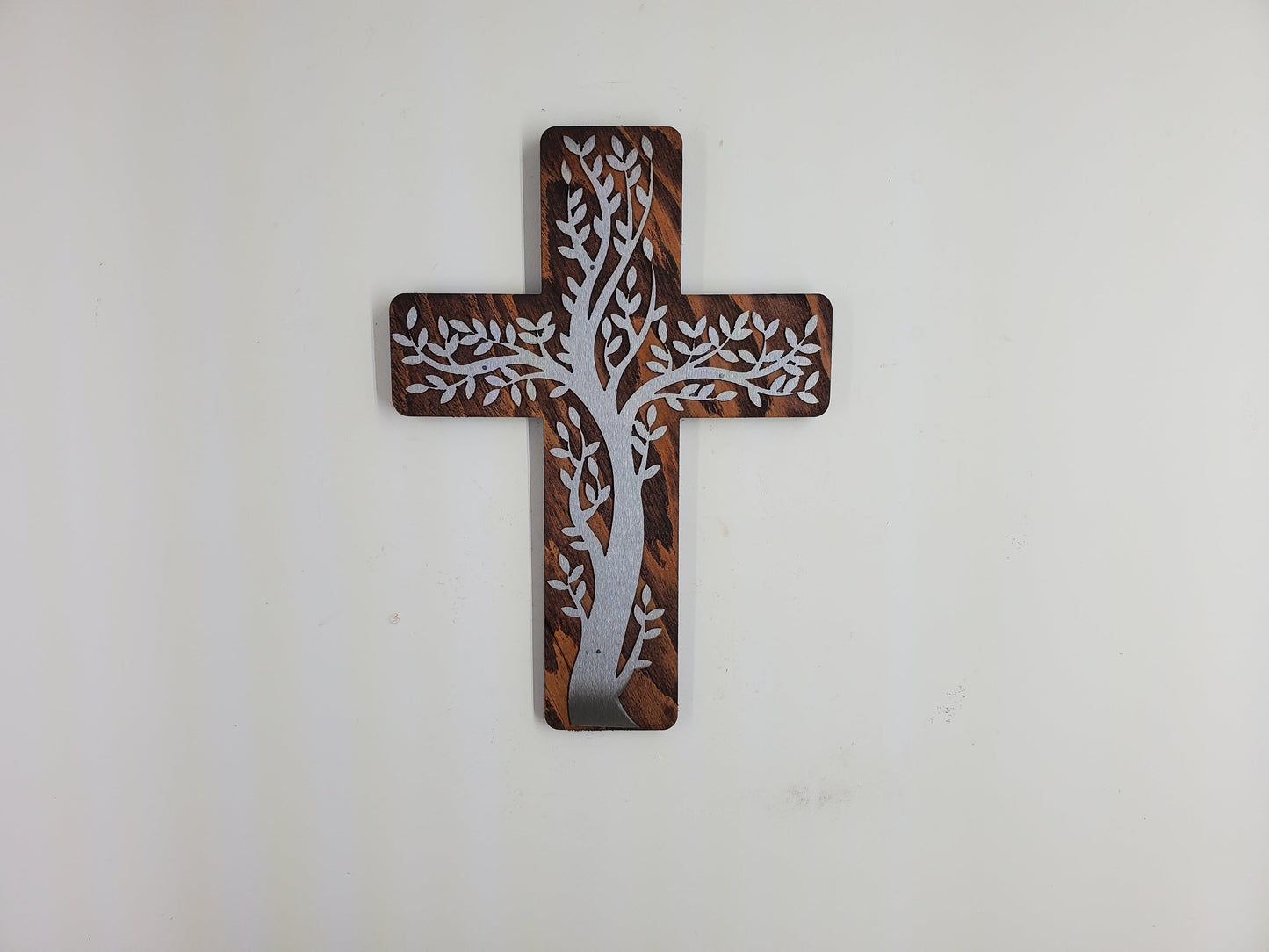 Olive Tree Cross Metal Art on Wood