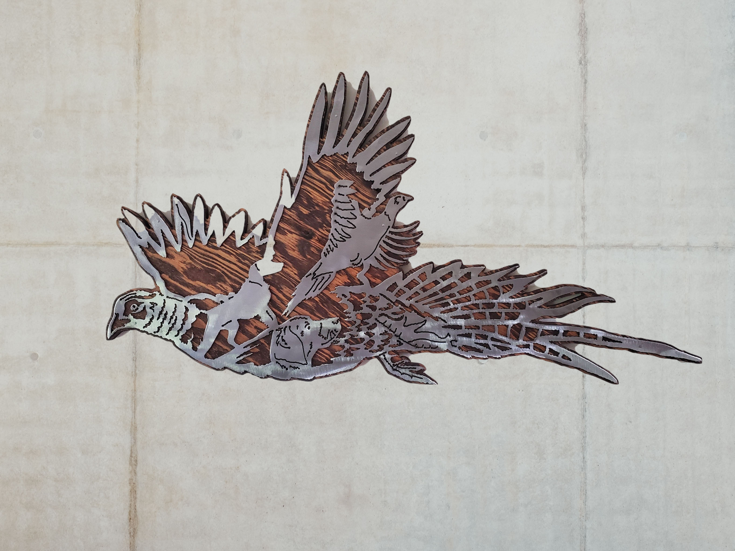 Pheasant Scene Metal Art on Wood