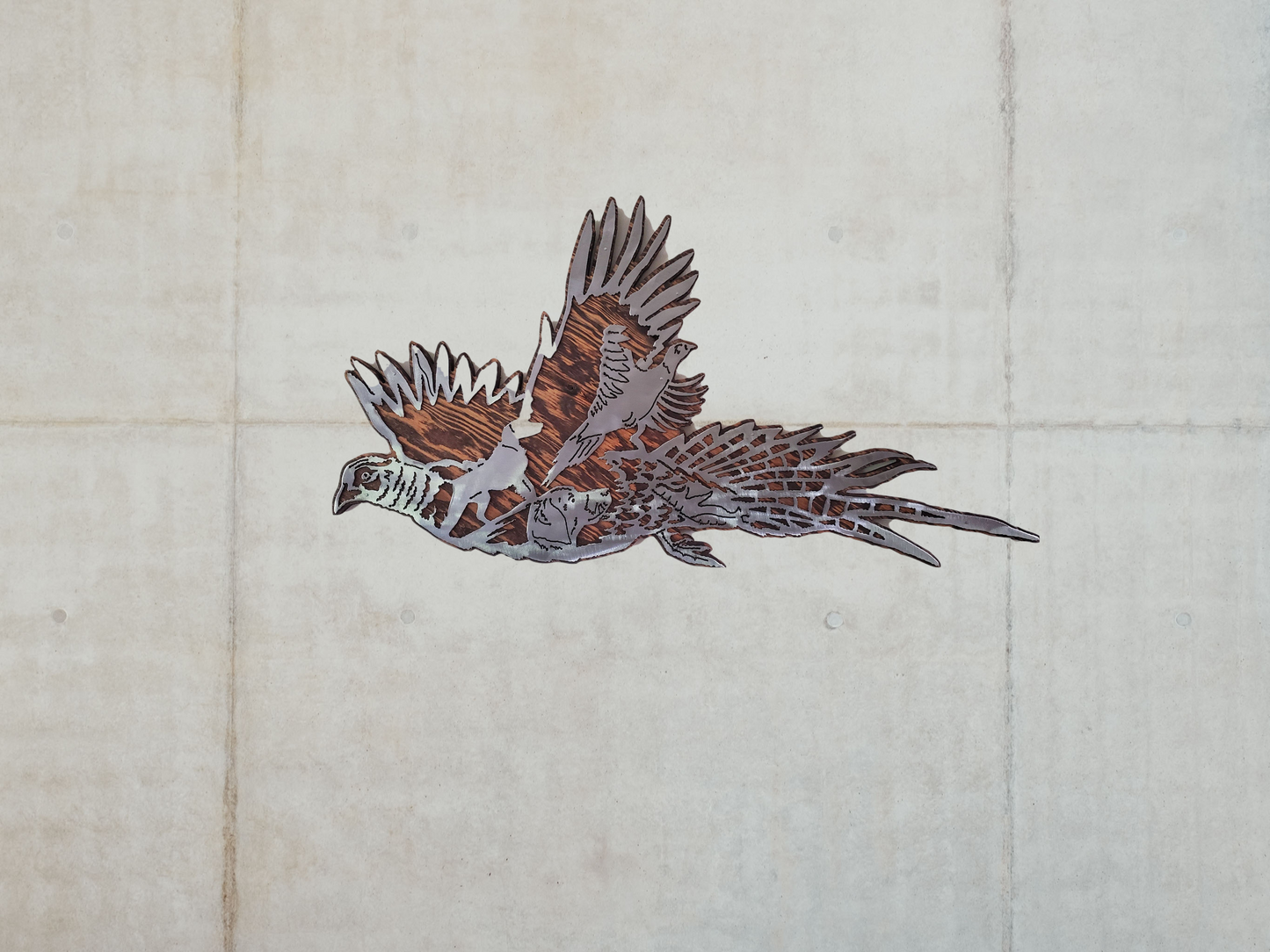 Pheasant Scene Metal Art on Wood