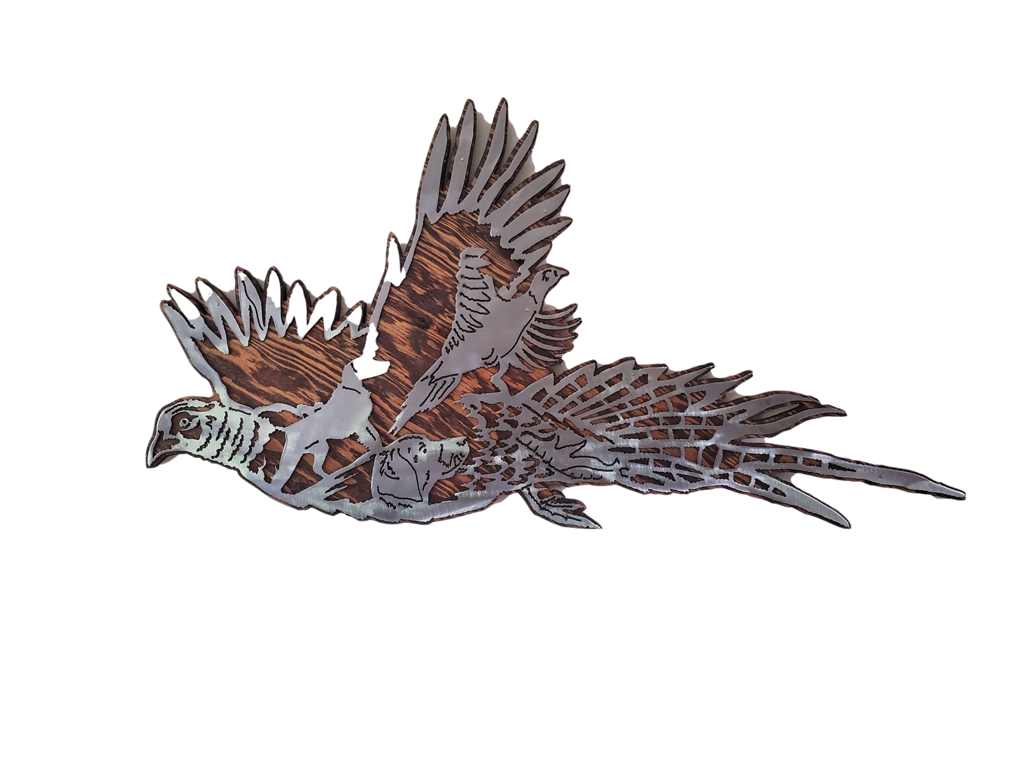 Pheasant Scene Metal Art on Wood