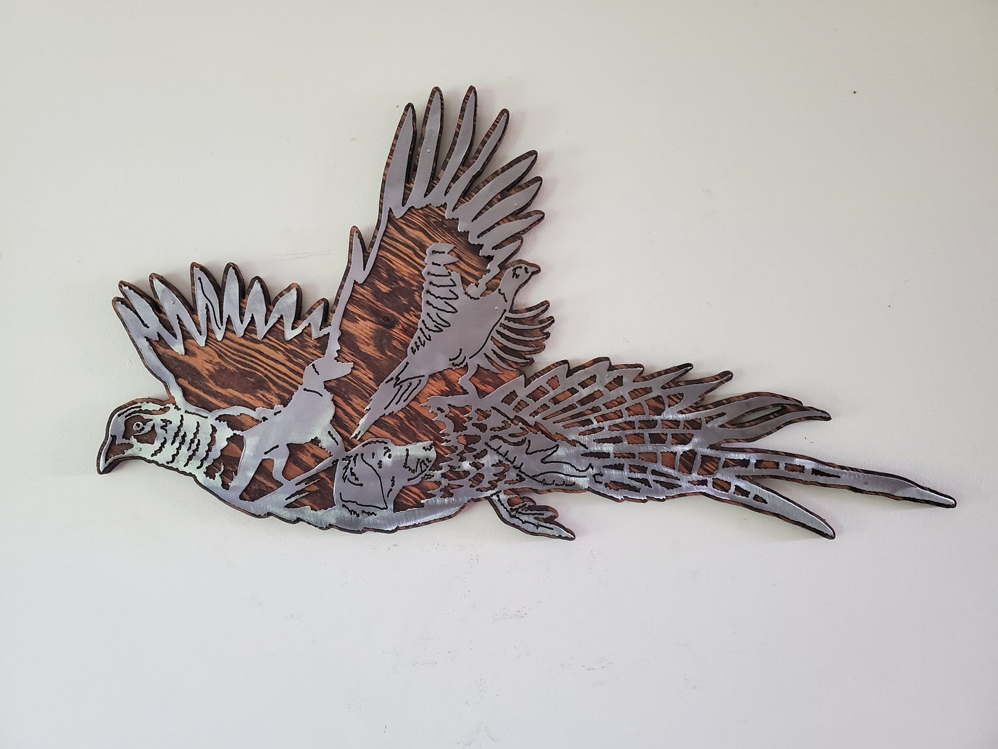 Pheasant Scene Metal Art on Wood