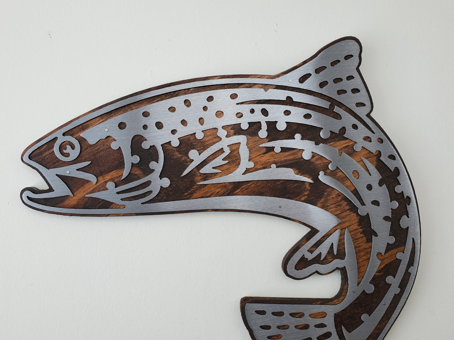 Rainbow Trout Metal Art on Wood