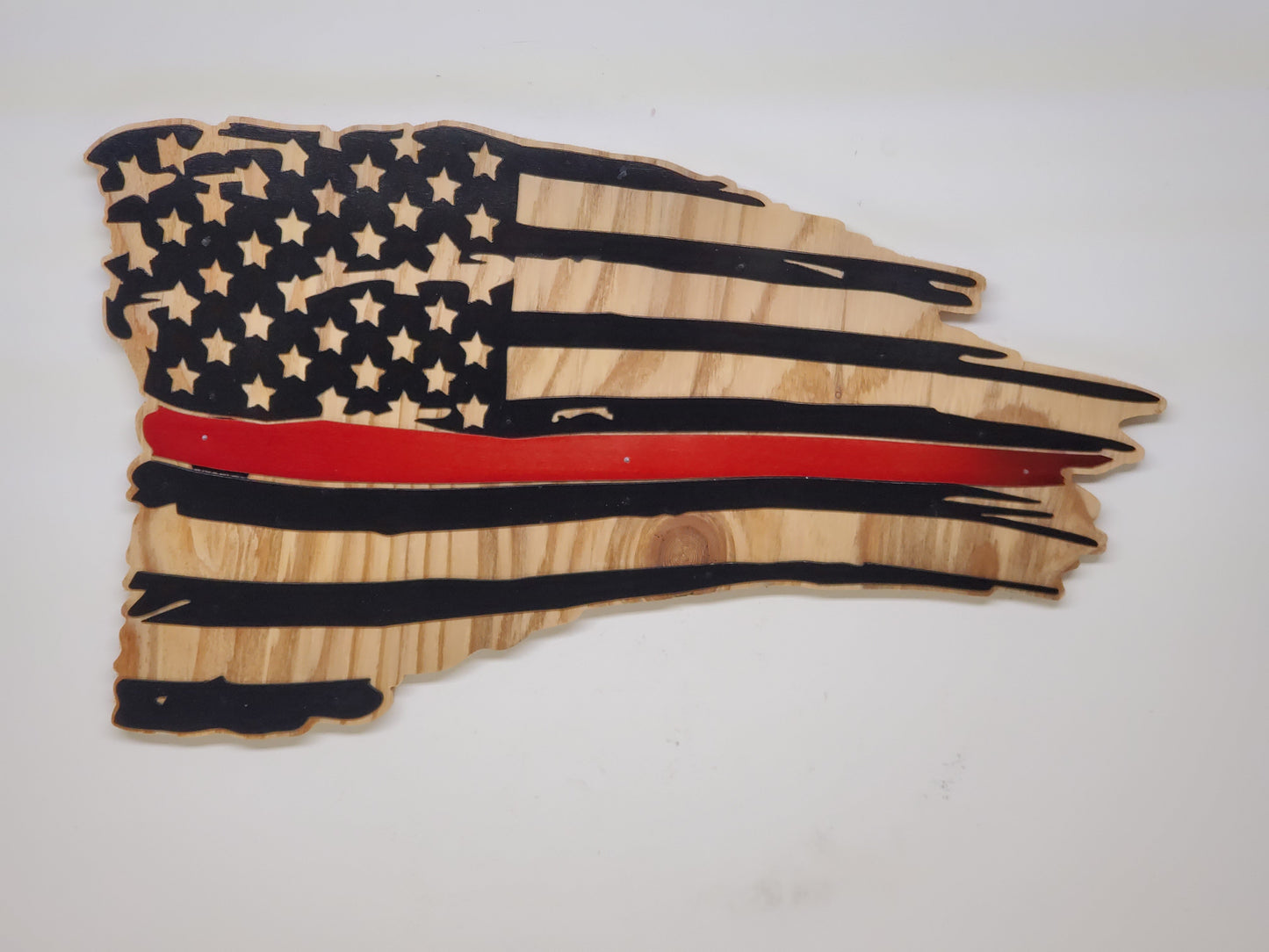 Red Line American Flag Metal Art on Wood